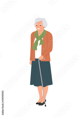 Full body elderly woman with walking stick isolated. Vector flat style  illustration