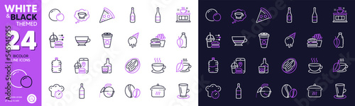 Peas, Coffee shop and Water bottle line icons for website, printing. Collection of Cappuccino, Cooking timer, Bombon coffee icons. Pizza, Boiling pan, Champagne bottle web elements. Vector