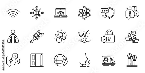 Outline set of Ab testing, Clean bubbles and Shield line icons for web application. Talk, information, delivery truck outline icon. Include Brush, Open door, Chemistry atom icons. Vector