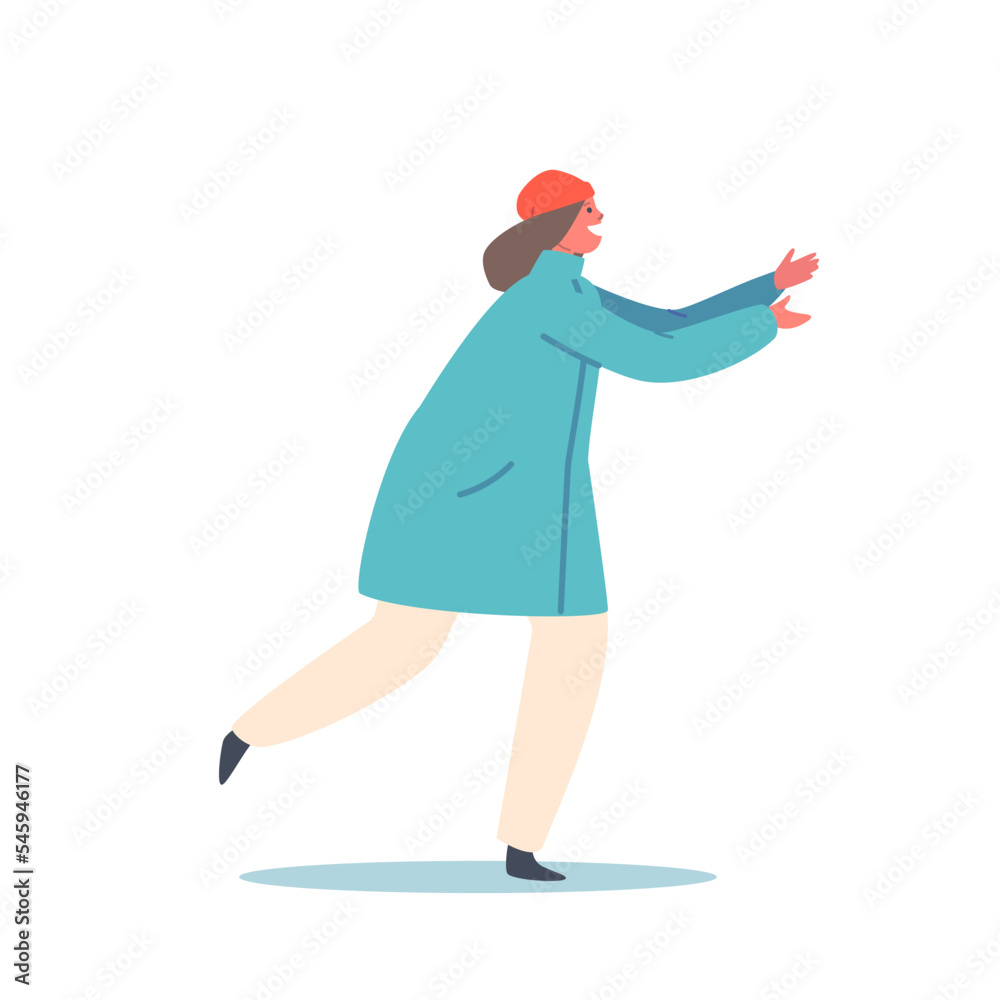 Happy Little Girl Wear Warm Clothes Run with Happy Face. Child Enjoying Winter Vacation and Games. Kid Character Fooling Happy Little Girl Wear Warm Clothes Run with Happy Face. Child Enjoying Winter Vacation and Games. Kid Character Fooling