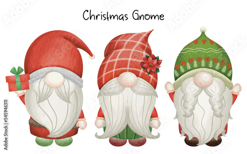 Collection Christmas Gnome - Merry Christmas. Hand drawn vector illustration watercolor cute gnome banner design. Xmas design for holidays decoration, greeting cards, gift tags, t-shirt print.