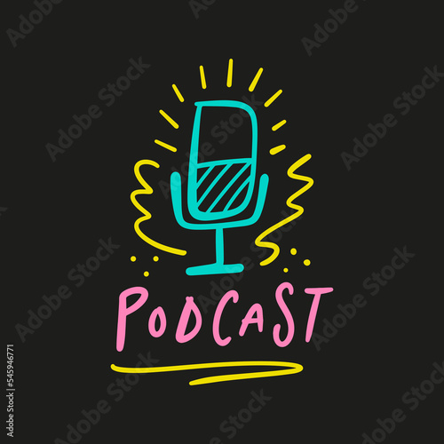 Podcast radio broadcast layout, studio media hosting doodle flat art drawing. Sound recording device. Hand drawn lettering funky childish vector on dark background, groovy clipart. Editable isolated