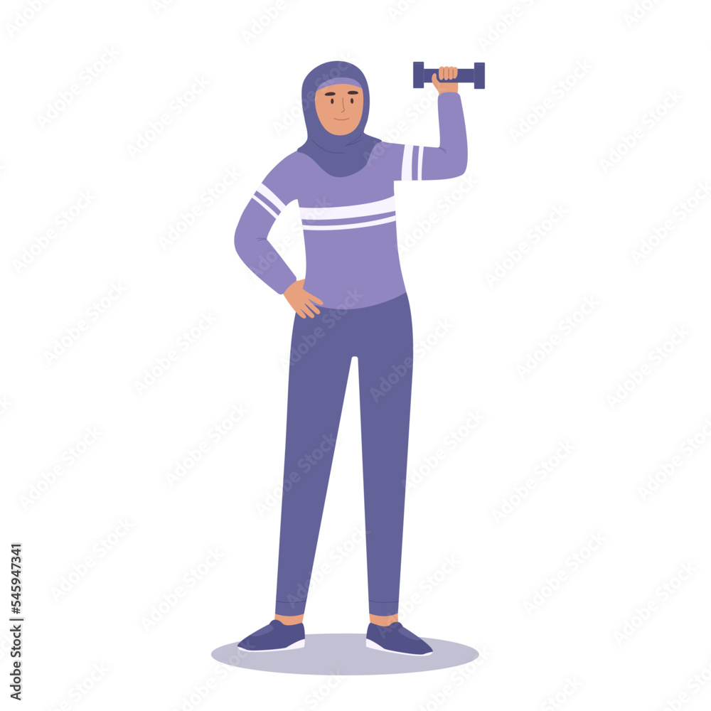 Woman in hijab and sport clother doing sport with dumbbell. Physical activity and sport lifestyle for muslim women.