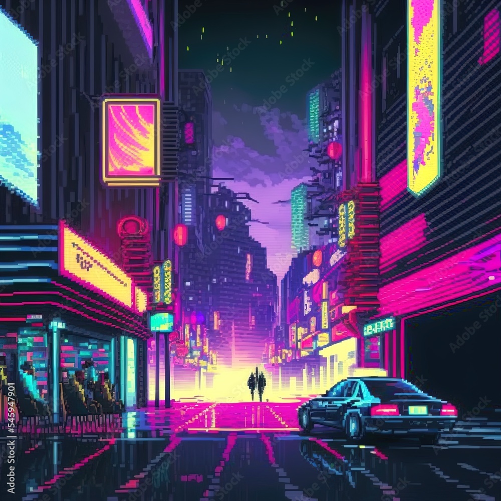 Cyberpunk neon city street at night. Futuristic city scene in a