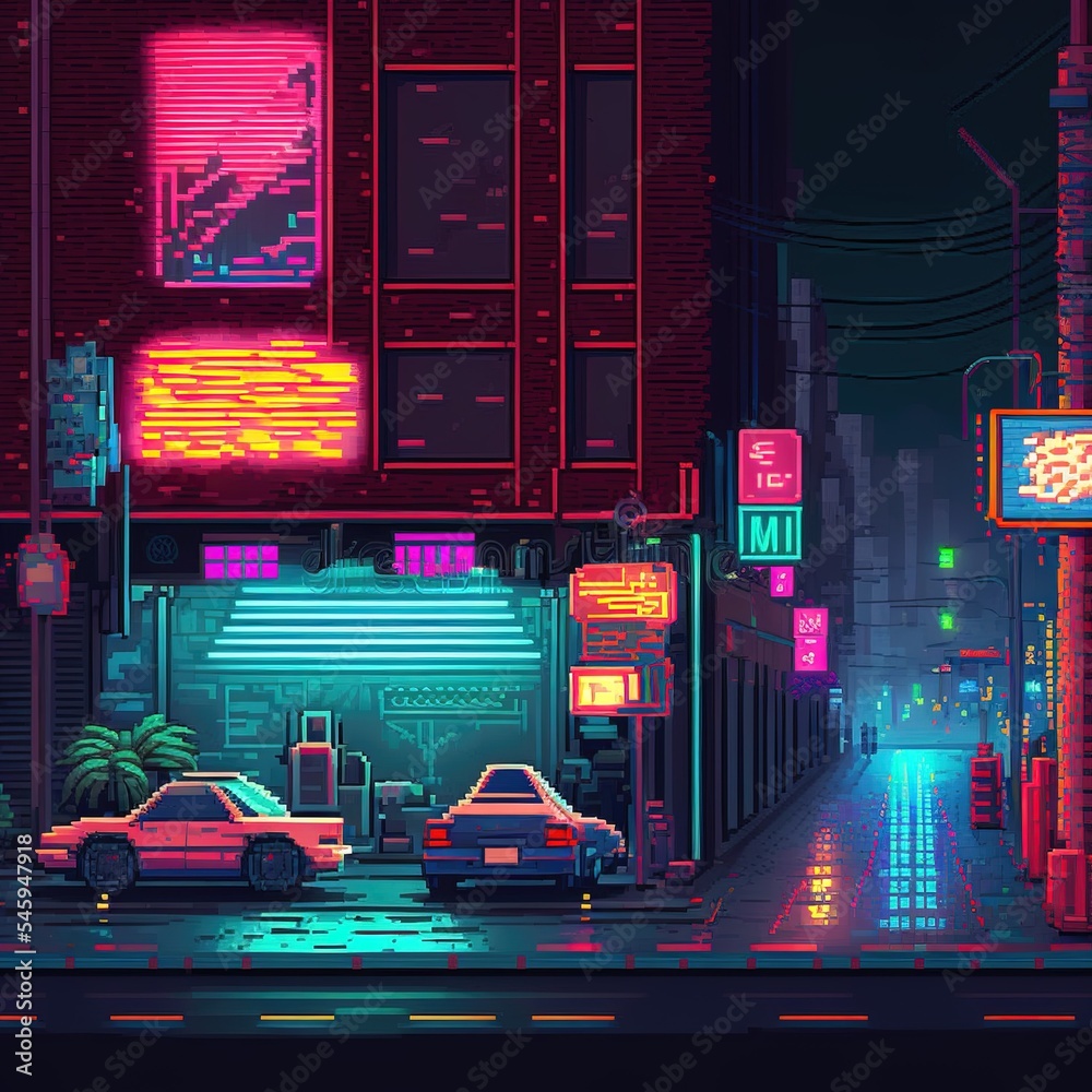 Cyberpunk neon city street at night. Futuristic city scene in a style of  pixel art. 80's wallpaper. Retro future 3D illustration. Urban scene. Stock  Illustration