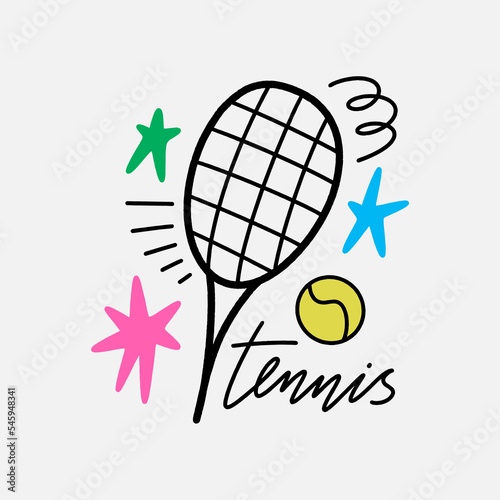 Tennis sports racquet and ball equipment flat doodle vector tools and lettering. Bright cartoon drawing isolated on color background. Editable isolated details. Baby childish groovy style Illustration
