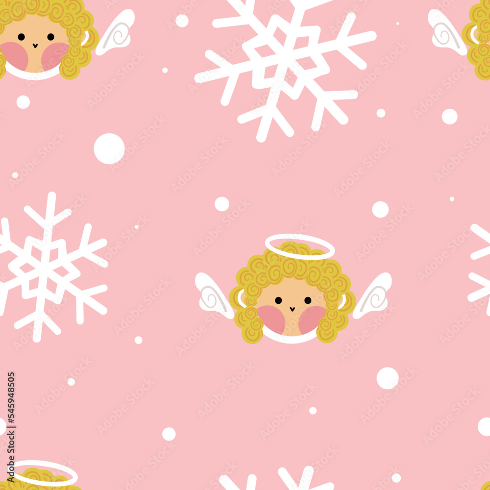 Fototapeta premium Seamless Christmas pattern with cute angel and snowflakes. Cartoon characters on xmas. Great for stationery, gift wrap, Christmas decor, home decor, invitations, backdrop, textile
