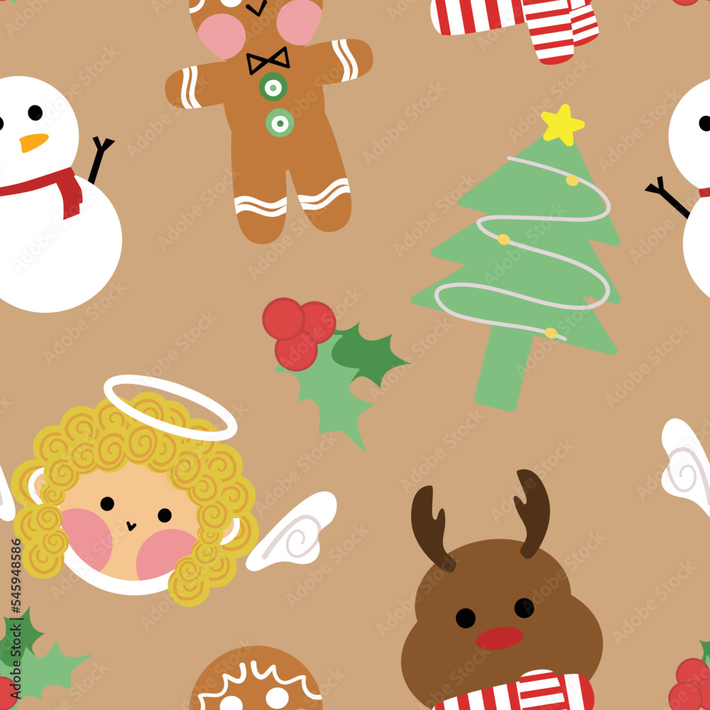 Obraz premium Seamless christmas pattern with cute cartoon characters on xmas. Christmas holiday winter. Great for stationery, gift wrap, Christmas decor, home decor, invitations, backdrop, textile