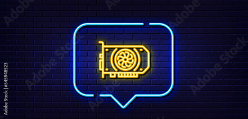 Neon light speech bubble. Gpu graphic card line icon. Computer component hardware sign. Neon light background. Gpu glow line. Brick wall banner. Vector