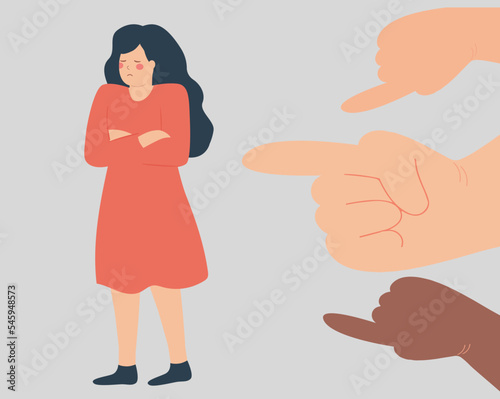 People surround a woman and point fingers on her. Sad teenager suffers from harassment and verbal assault. School girl bullied by her classmates. Stop violence or abuse against children and women. 