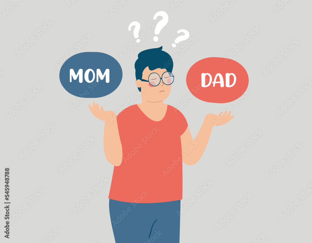 Influence of divorce between parents on children. Confused child hesitates to go with his mother or father. Concept of custody battle and family breakup. Vector illustration. Influence of divorce between parents on children. Confused child hesitates to go with his mother or father. Concept of custody battle and family breakup. Vector illustration.