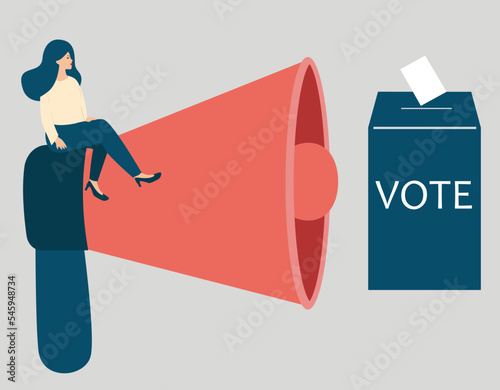Woman speaks into a megaphone. Activist female is calling people to vote. Politician invites the society to put the ballot paper into the box. Democracy, voting, suffrage women and election concept.