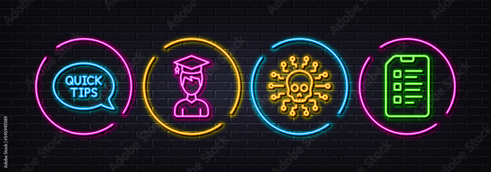 Cyber attack, Student and Quickstart guide minimal line icons. Neon laser 3d lights. Checklist icons. For web, application, printing. Hacker skull, Graduation cap, Helpful tricks. Data list. Vector