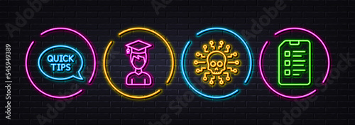 Cyber attack, Student and Quickstart guide minimal line icons. Neon laser 3d lights. Checklist icons. For web, application, printing. Hacker skull, Graduation cap, Helpful tricks. Data list. Vector