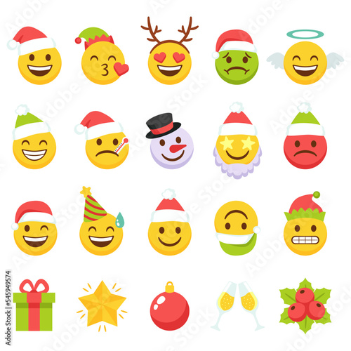Christmas emojis flat icons set. Pictogram, logogram, ideogram for electronic messages and web pages. Funny emojis with santa claus hat, snowman, present box and star. Color isolated illustrations