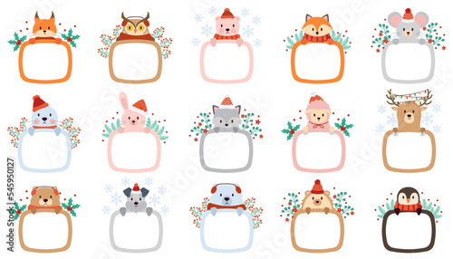 Frames with winter animals flat icons Pictures decor element for house interior. Funny dog, hedgehog, penguin, bear and deer. Trendy Christmas plant decorations. Color isolated illustrations