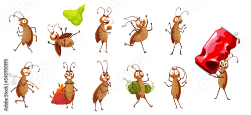 Cartoon cockroach characters. Funny pest bug, scared cockroach isolated vector personage, cheerful insect eating trash, smiling and running, carrying aluminium can and dying from pesticides
