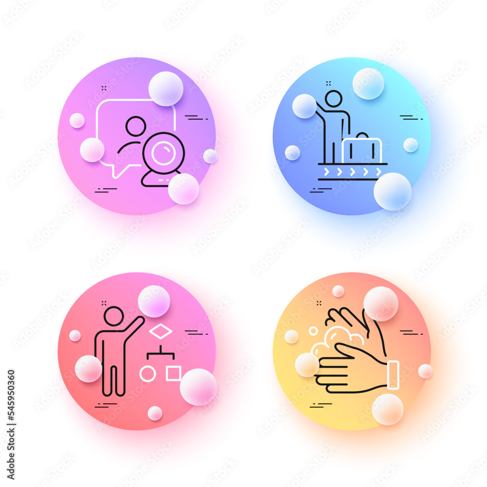 Luggage belt, Algorithm and Wash hands minimal line icons. 3d spheres or balls buttons. Video conference icons. For web, application, printing. Arrival baggage, Developers job, Soap washing. Vector Luggage belt, Algorithm and Wash hands minimal line icons. 3d spheres or balls buttons. Video conference icons. For web, application, printing. Arrival baggage, Developers job, Soap washing. Vector