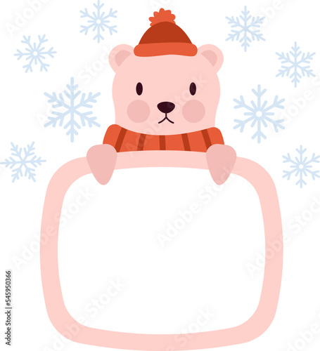 Cute pink bear flat icon Frame with winter wild animal