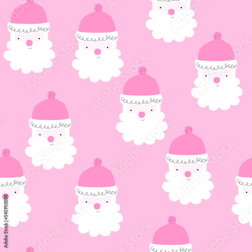 Pink seamless pattern with Santa Claus. Winter holiday cute print. Vector hand drawn illustration.