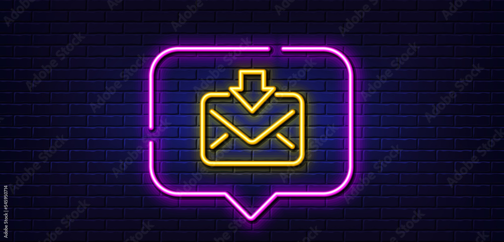 Neon light speech bubble. Mail download line icon. Incoming Messages correspondence sign. E-mail symbol. Neon light background. Incoming Mail glow line. Brick wall banner. Vector Neon light speech bubble. Mail download line icon. Incoming Messages correspondence sign. E-mail symbol. Neon light background. Incoming Mail glow line. Brick wall banner. Vector