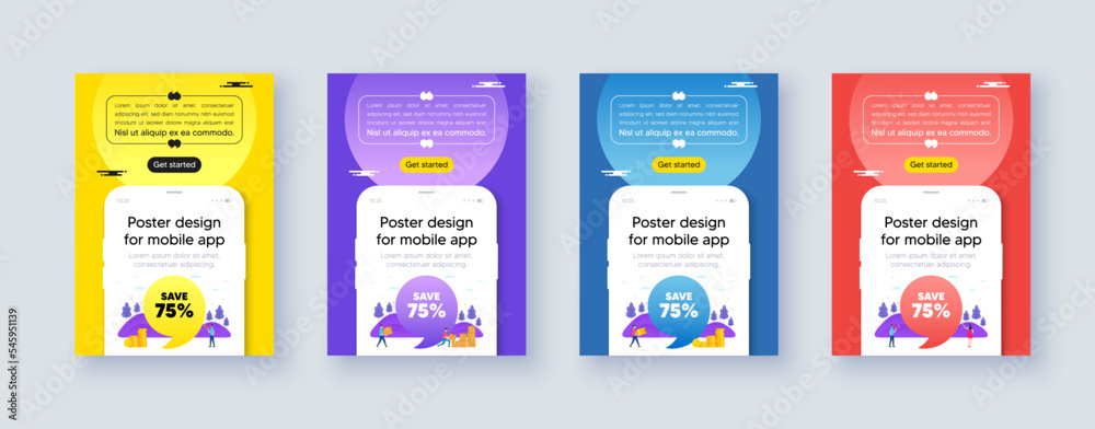 Poster frame with phone interface. Save 75 percent off tag. Sale Discount offer price sign. Special offer symbol. Cellphone offer with quote bubble. Discount message. Vector Poster frame with phone interface. Save 75 percent off tag. Sale Discount offer price sign. Special offer symbol. Cellphone offer with quote bubble. Discount message. Vector