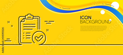 Approved report line icon. Abstract yellow background. Accepted document sign. Verification symbol. Minimal approved report line icon. Wave banner concept. Vector
