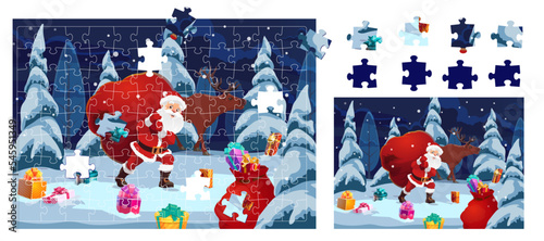 Christmas jigsaw puzzle game pieces, cartoon Santa with gifts, vector winter holiday play. Christmas puzzle jigsaw for kids activity to find piece parts to collect picture with Santa and reindeer