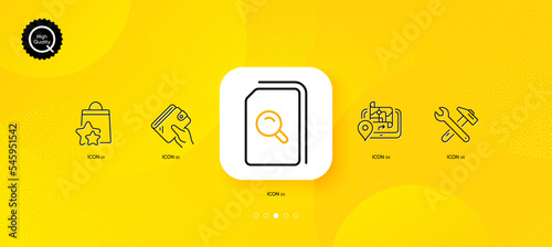 Gps, Spanner tool and Wallet minimal line icons. Yellow abstract background. Search files, Loyalty points icons. For web, application, printing. Journey map, Repair, Money budget. Vector