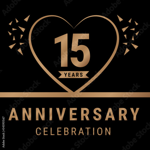 15 years anniversary celebration logotype. anniversary logo with golden color isolated on black background, vector design for celebration, invitation card, and greeting card. Eps10 Vector Illustration