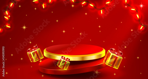 Podium Merry Christmas. shopping new year banner. Vector