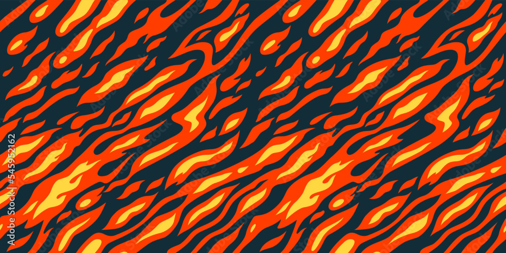 Orange and Yellow Flame on Dark Background. Vector Seamless Pattern. Cartoon Fire Texture. Abstract Background with Smoke and Flames
