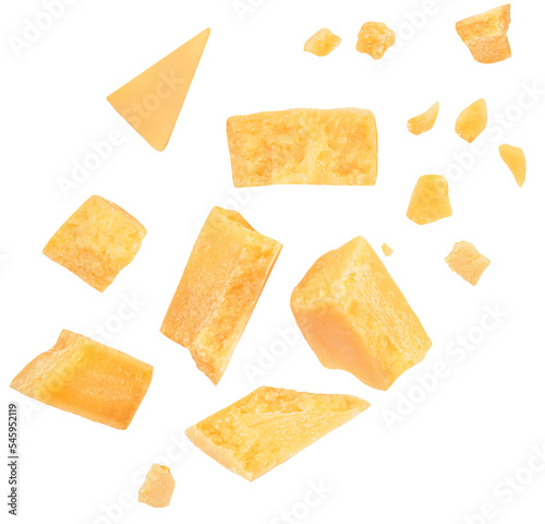 Flying Pieces of parmesan cheese isolated on white background. Hard mature cheese Parmesan, Parmigiano in rough chunks