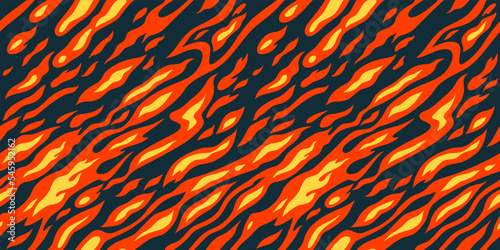 Orange and Yellow Flame on Dark Background. Vector Seamless Pattern. Cartoon Fire Texture. Abstract Background with Smoke and Flames