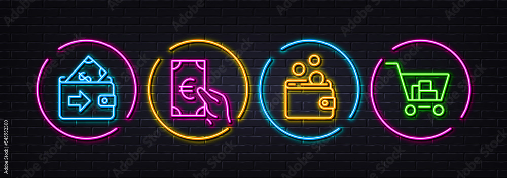 Wallet money, Wallet and Finance minimal line icons. Neon laser 3d lights. Internet shopping icons. For web, application, printing. Coins, Money payment, Eur cash. Cart with purchases. Vector