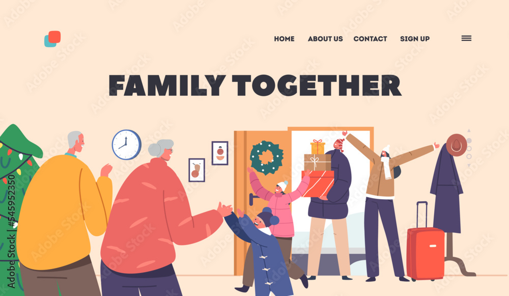 Family Together Landing Page Template. Happy Characters Meeting Grandparents at their Home. Mother, Father and Kids Family Together Landing Page Template. Happy Characters Meeting Grandparents at their Home. Mother, Father and Kids