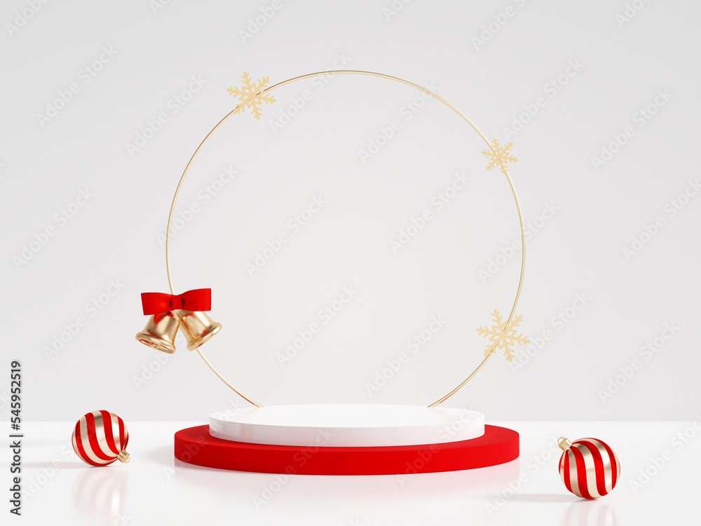 Fototapeta premium 3D rendering white and red product display stand with bell, snowflakes and baubles decoration on white background. Luxury Christmas product presentation scene.