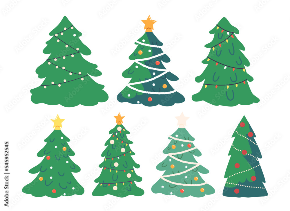 Set of Christmas Trees, Isolated Pines Collection for Greeting Card, Invitation. New Year and Xmas, Traditional Fir-Tree