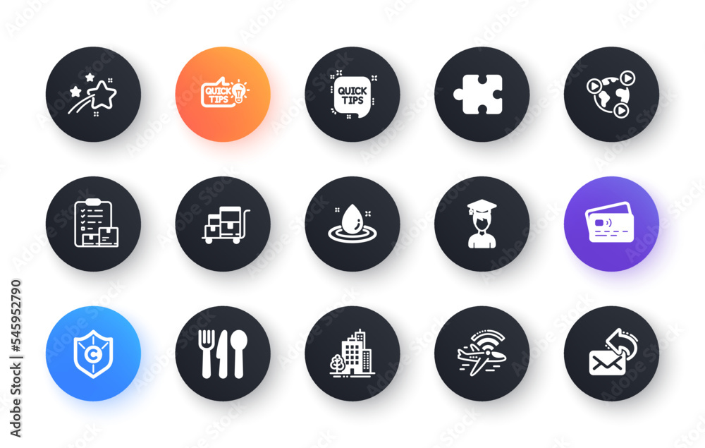 Minimal set of Falling star, Inventory cart and Inventory checklist flat icons for web development. Card, Copyright protection, Student icons. Food, Quick tips, Airplane wifi web elements. Vector Minimal set of Falling star, Inventory cart and Inventory checklist flat icons for web development. Card, Copyright protection, Student icons. Food, Quick tips, Airplane wifi web elements. Vector