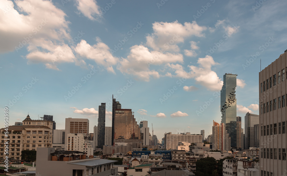 Architectural view of skyscrapers in central business districtat of bangkok city. Modern high-rise buildings, Panorama view, Selective focus.