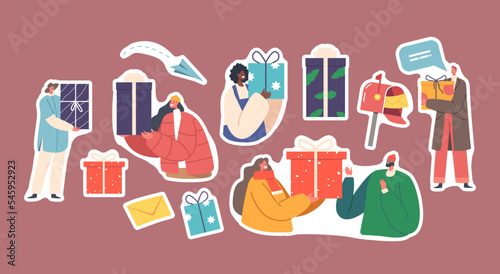 Set Stickers Male and Female Characters Giving Presents to Each Other and Sending by Mail on Winter Holidays Celebration