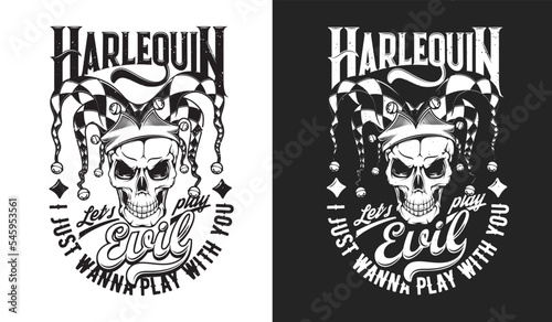 Angry harlequin skull t-shirt print. Clothes, apparel or tshirt Halloween custom vector print with evil jester skeleton heal, scary joker or dead clown skull in fool cap, retro typography