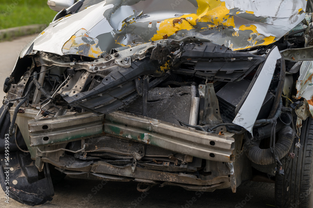 Road accident car crash on an city road. Close up the front car collided accident. damaged automobiles after collision in city. Road accident car crash on an city road. Close up the front car collided accident. damaged automobiles after collision in city.