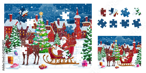 Christmas landscape with santa sleigh. Jigsaw puzzle game pieces. Vector logic maze, worksheet for child developing spatial thinking. Connect details of picture riddle page for kids, brain teaser task