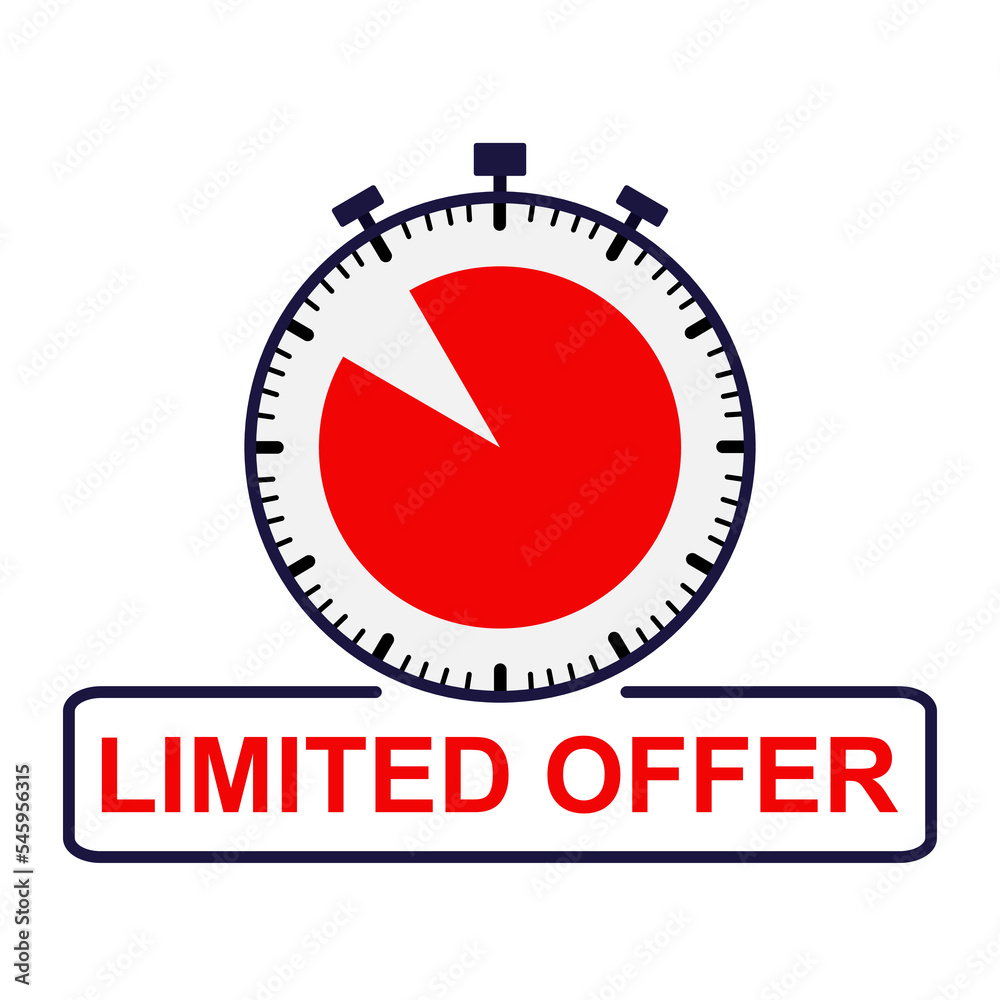 Limited offer label with alarm clock countdown. Limited time offer badge on white background. Vector illustration. EPS 10. Limited offer label with alarm clock countdown. Limited time offer badge on white background. Vector illustration. EPS 10.