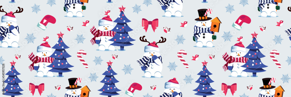 Winter seamless pattern with  cute snowmen and christmas tree.  Merry Christmas and Happy New Year background. Vector illustration