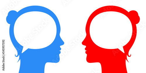 Women communicating face to face. Different or same point of views, opinions, concept vector illustration. Two adult female persons with text bubbles and geometric figures, talking to each other.