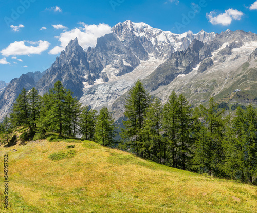 The Mont Blanc massif from Val Ferret valley in Italy.
