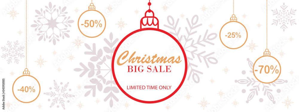 Christmas big sale horizontal white banner with balls, snowflakes and stars. Template for commerce, promotion and advertising
