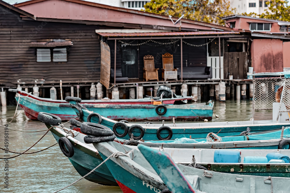 Obraz premium Historical Chew Jetty with wooden fishing boats, Unesco World Heritage site, George Town, Penang, Malaysia